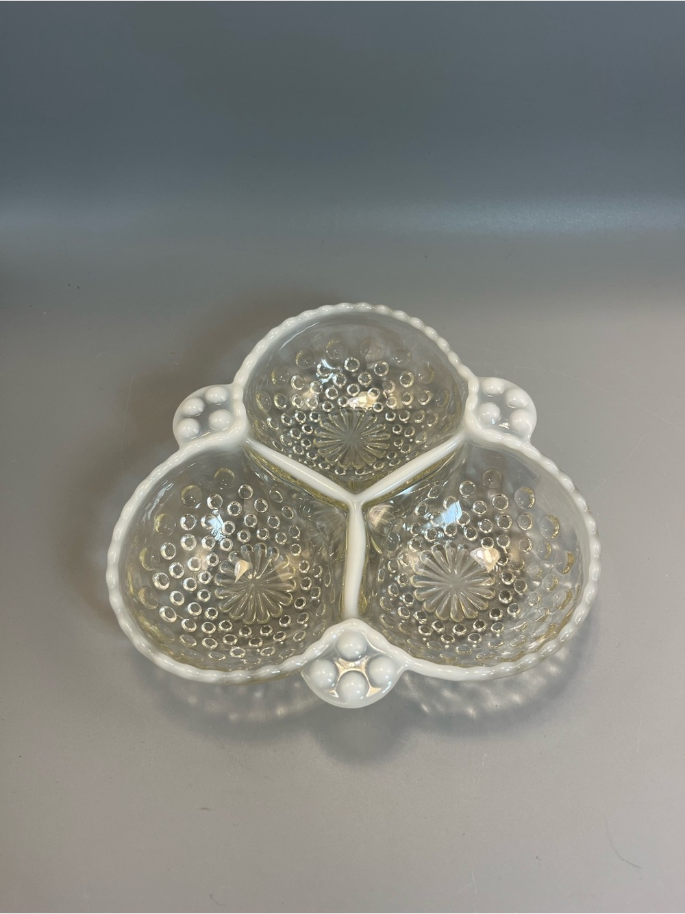 VTG Fenton Opalescent Hobnail Moonstone Divided Relish Dish 3 Compartment 6.5in